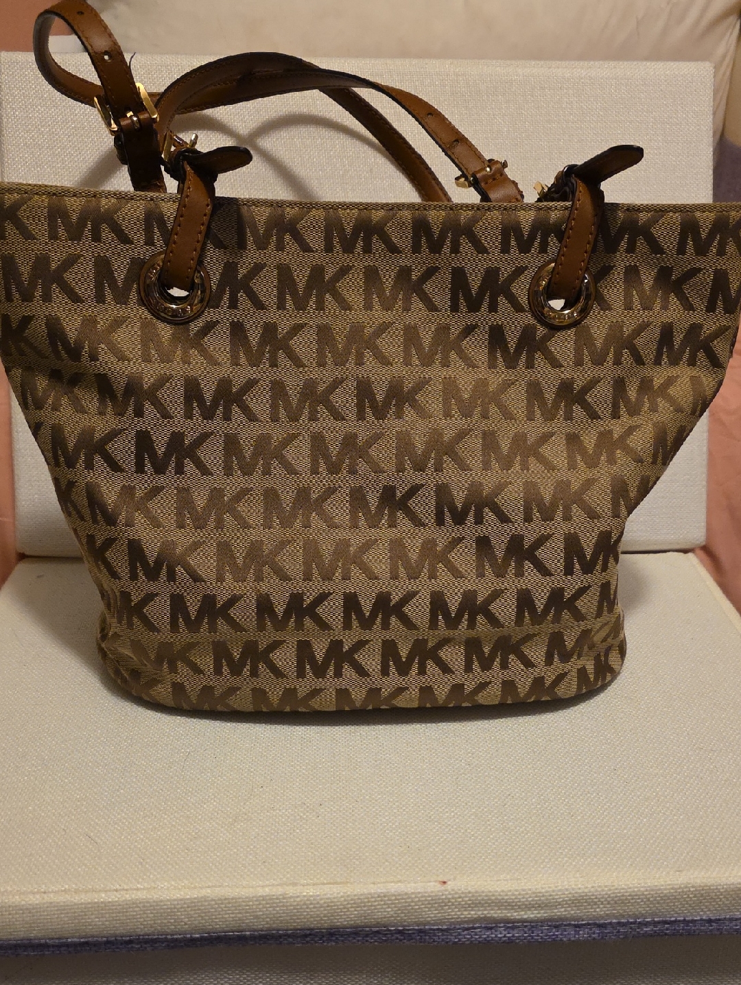 Gently Used Michael Kors Brown Logo Mk Tote With Leather Straps